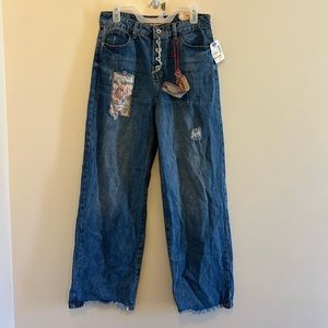Elite Jeans High Rise Wide Leg Distressed Button Fly Raw Hem Jeans